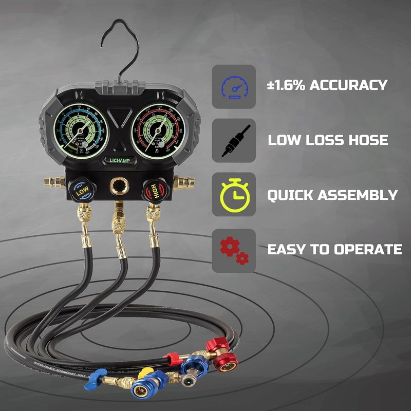 Lichamp AC R1234YF R134A Gauge Set, Automotive Manifold Gauge Compatible with R1234YF and R134A Refrigerants, Works on Car Freon Charging and Evacuation - Image 3